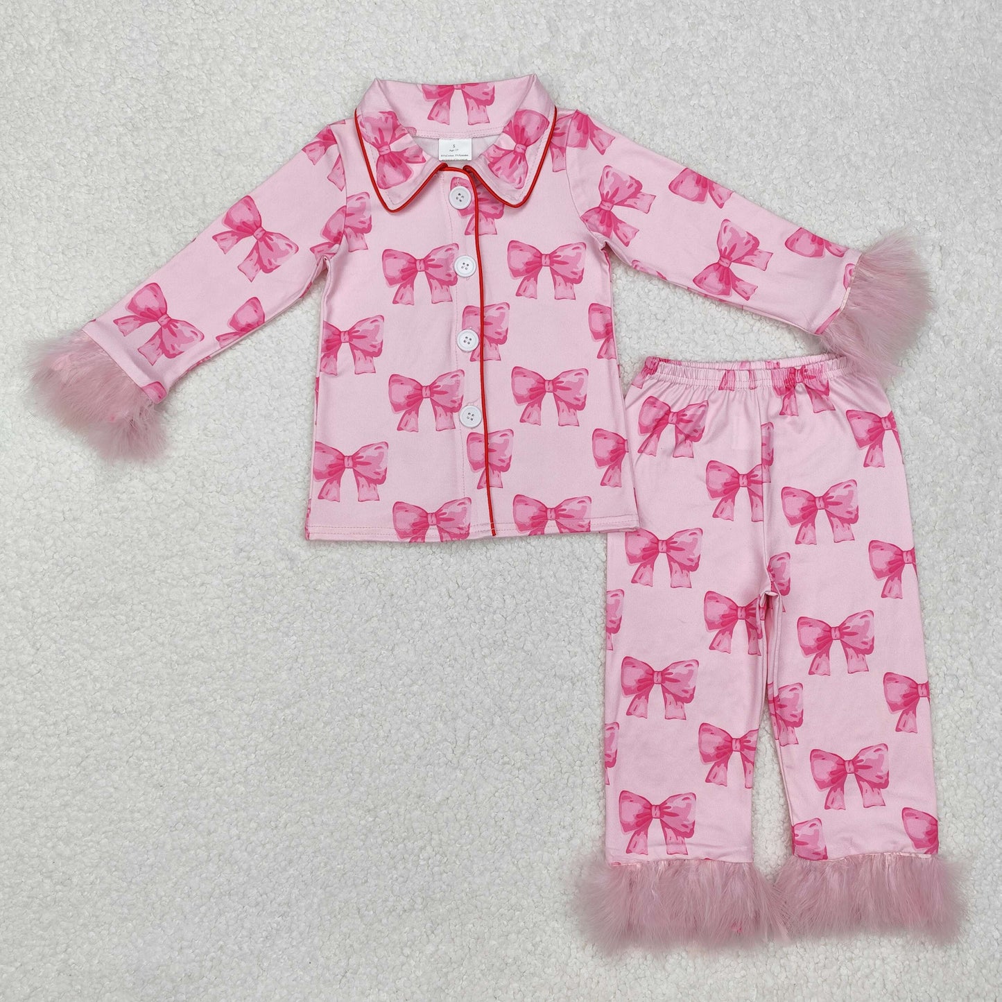 Baby Girls Pink Fur Long Sleeves Bows Button Down Top Pant Pajamas Set