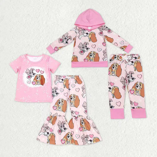 Sibling Baby Girls Cartoon Dog Heart Pink Outfit