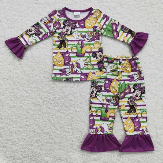 Baby Girls Purple Stripe Long Ruffle Sleeves Cartoon Mouse Top Pant Mardi Gras Pajamas Set