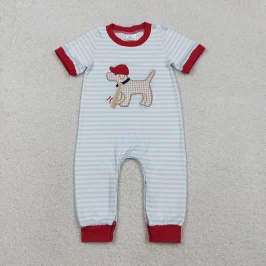 SR3330 Baby Boys Embroidery Baseball Dog Striped Short Sleeve Romper