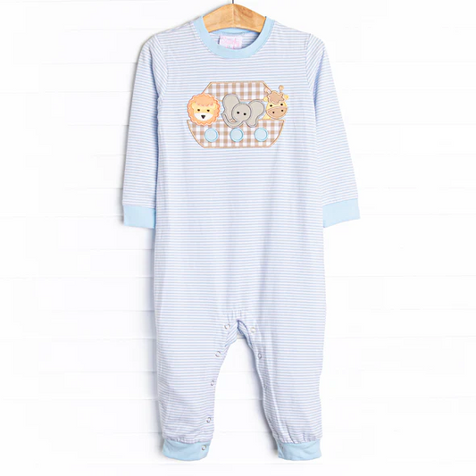 Baby Boys Blue Stripe Elephant Lion Long Sleeve Rompers Preorder  5 MOQ