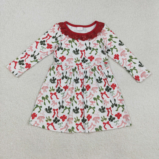 GLD1036 Baby Girls Christmas Green Bow Long Sleeve Dress