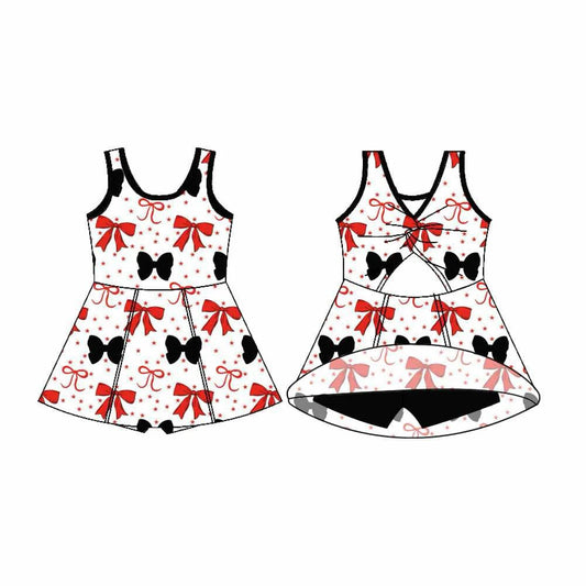 Preorder 5 MOQ Baby Girls Sleeveless Red Black Bows Shorts Team Knee Length Dresses