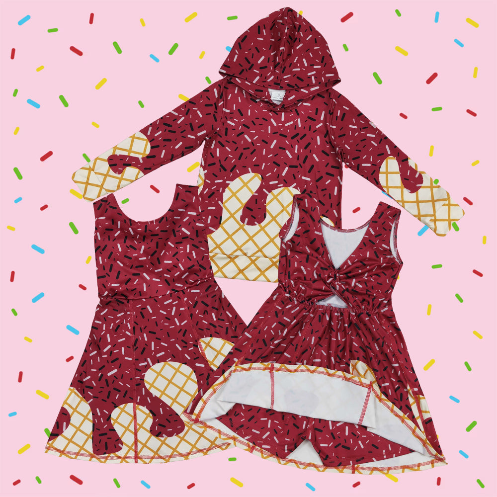 Sibling Baby Dark Red Color Ice Cream Drip Hoodie Top and Active Dress