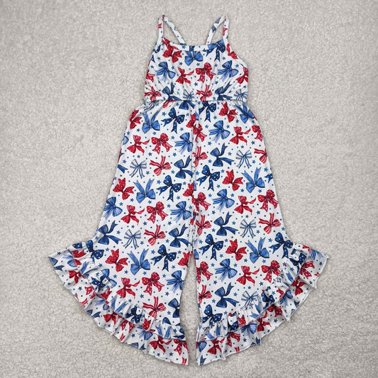 Bay Girls Strap Blue Red Bows Stars 4th Of July Bell Bottom Ruffle Jumpsuits