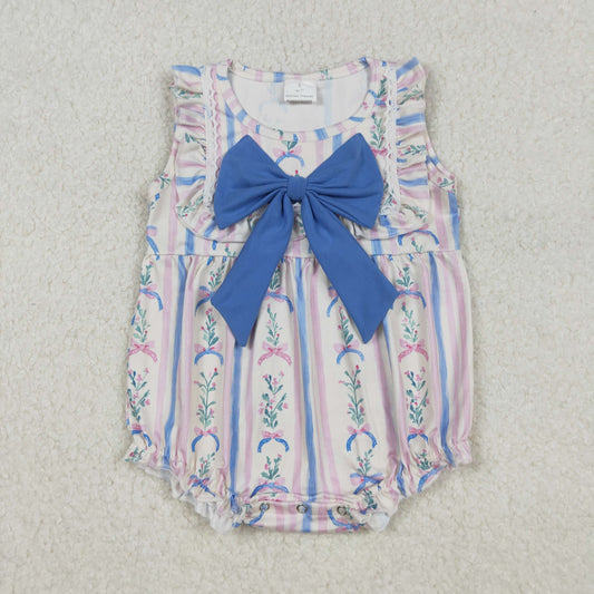 LR2740 Baby Girls Floral Blue Bow Sleeveless Bubble Romper