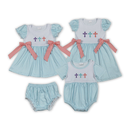 SIbling Girls Easter Embroidery Cross Clothes With Bow