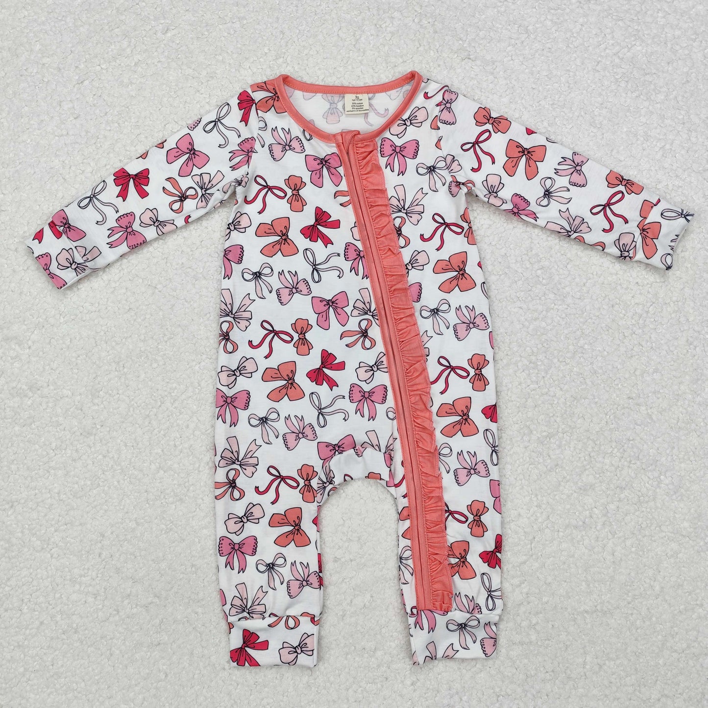 LR1905 Newborn Baby Girls Pink Bow Long Sleeve Ruffle Zip Romper