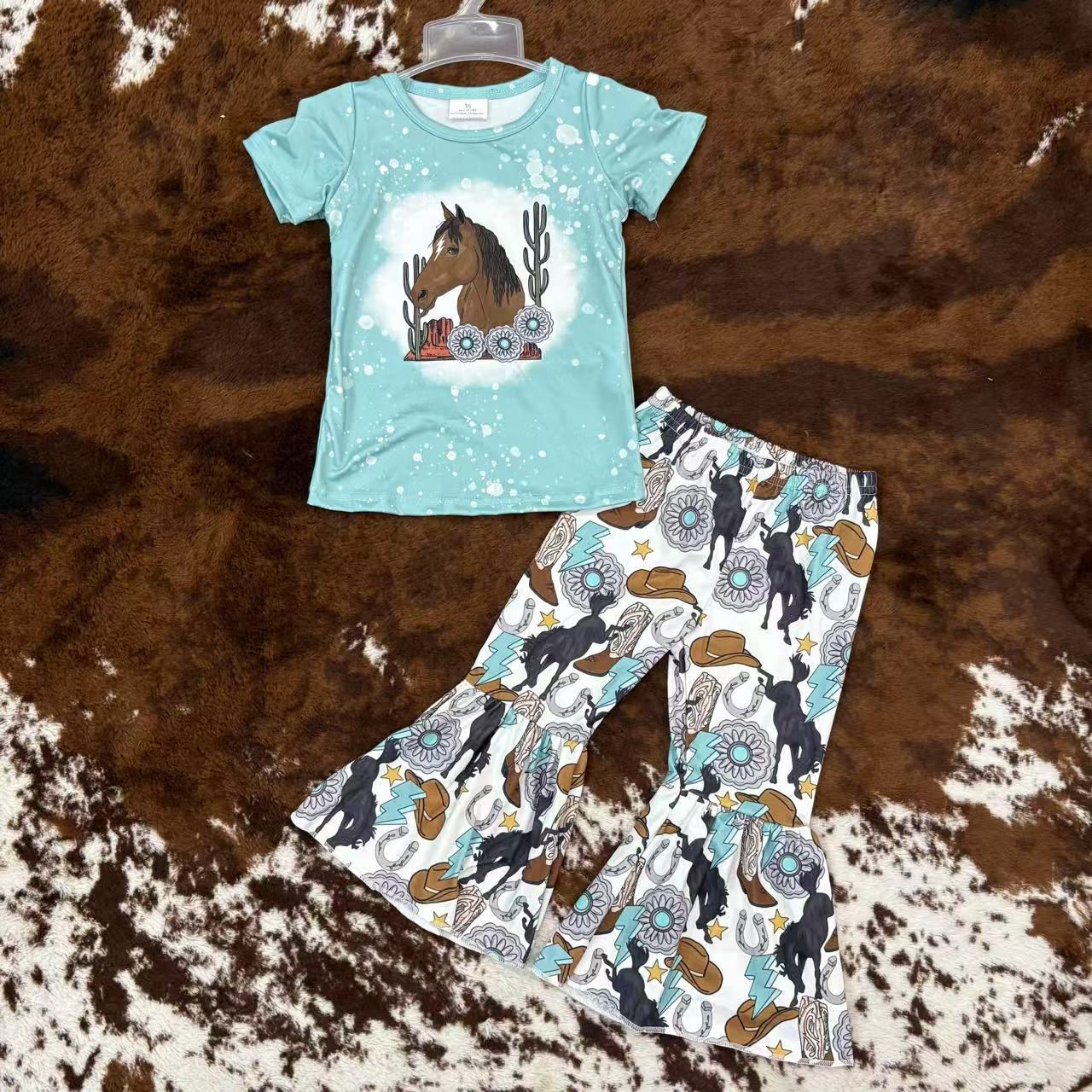 USA Shop Kids Girls Western Horse Bell Bottom Pants Outfit