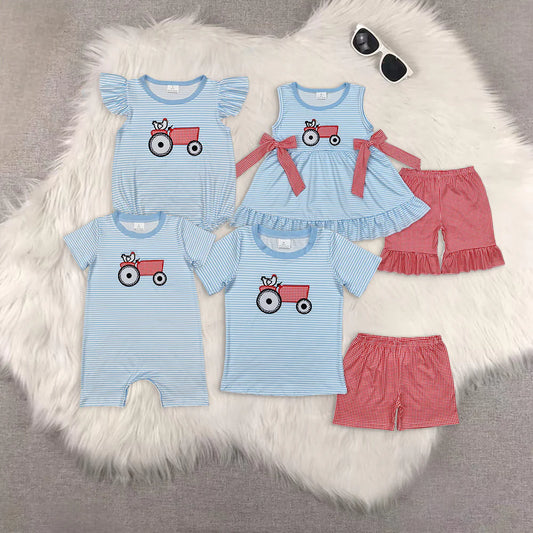 Toddler Baby Sibling  Embroidery Farm Chicken Shorts Set Romper