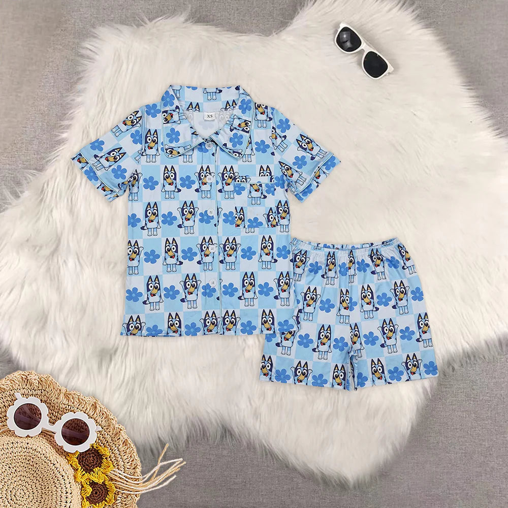 Mommy and Me Cartoon Blue Dog Flowers Shorts Pajama Set