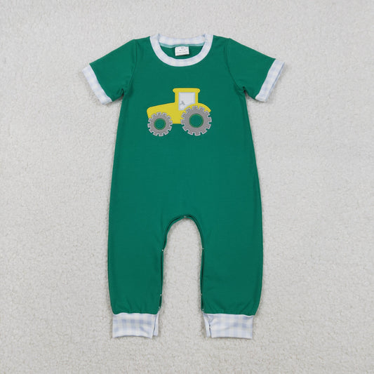 SR3332 Baby Boys Embroidery Tractors Green Short Sleeve Romper
