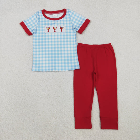 Mardi Grds Crayfish Blue Gingham Top With Red Pants Set