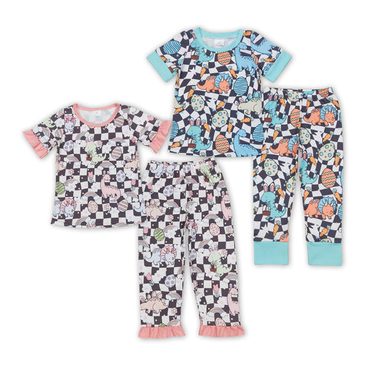 Sibling Baby Kids Short Ruffle Sleeves Black Plaid Bunny Dinosaurs Top Pant Eatser Pajamas Set