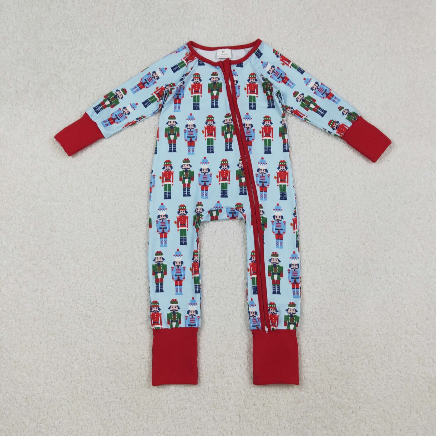 LR2599 Baby Boys Christmas Nutcracker Long Sleeve Footed Romper With Zippy