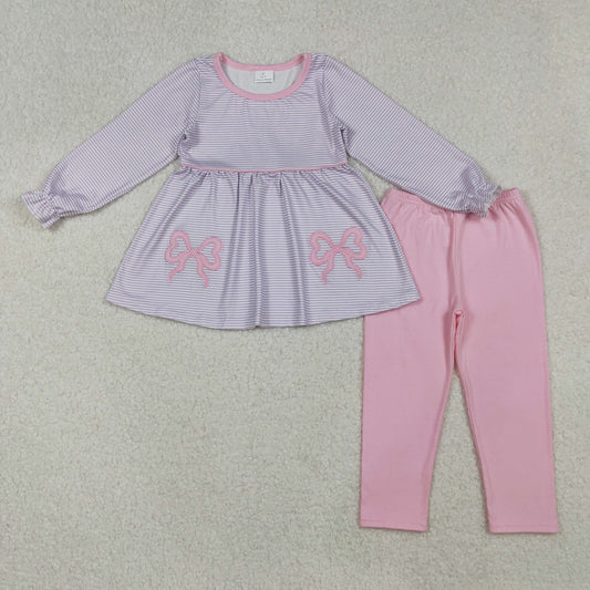 GLP2696 Kids Girls  Pink Bow Striped Long Sleeve Tunic Top Pink Leggings Outfit
