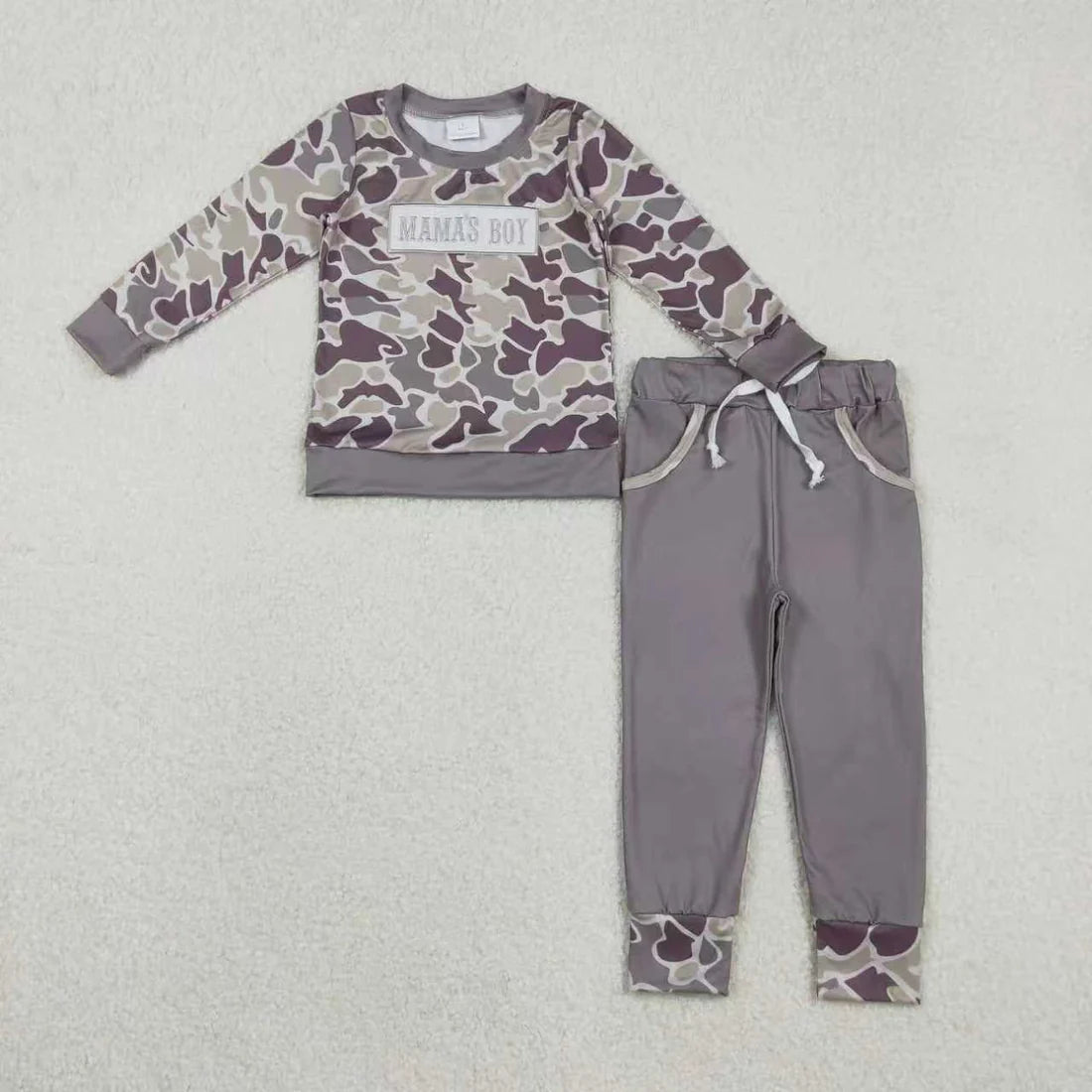 Mama's Boy Embroidery Hunting Camo Jogger Set and Romper For Sibling Boys