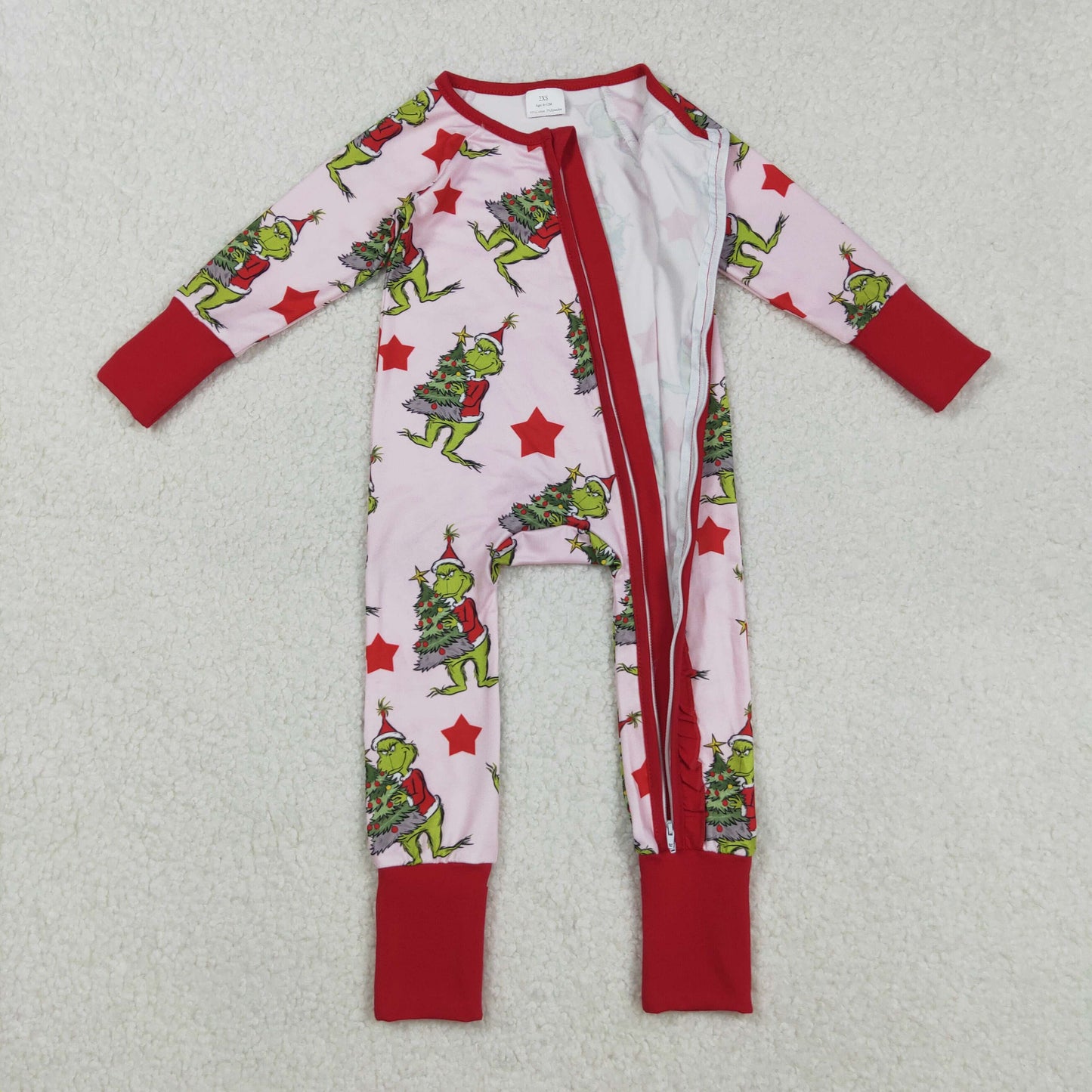 LR2496 Baby Girls Christmas  Green Face Long Sleeve Footed Romper With Zippy