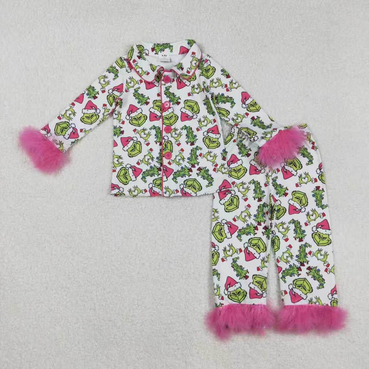 Mommy and Me Christmas Green Face Buttons Up Pajama Set With Fur
