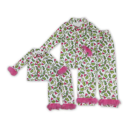 Mommy and Me Christmas Green Face Buttons Up Pajama Set With Fur
