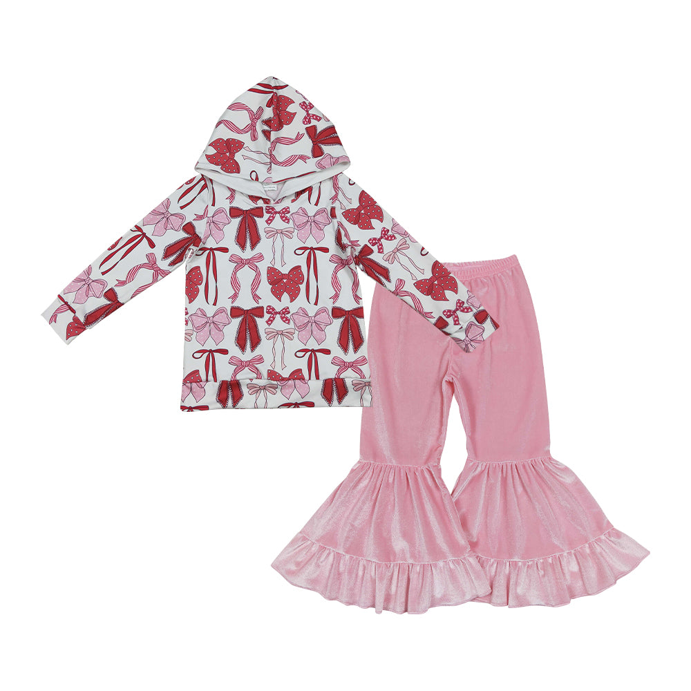 Baby Girls Bow Hoodie Top With Pink Velvet Pants Outfit