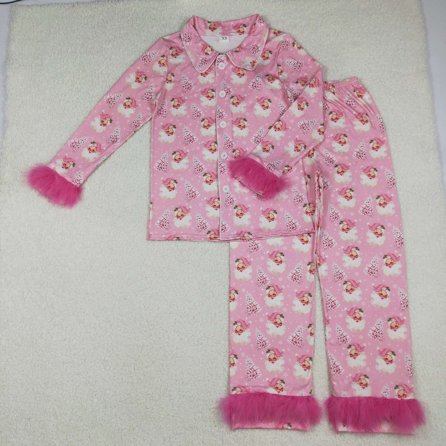 Adult Women Christmas  Santa Pink Buttons Pajama Set With Fur