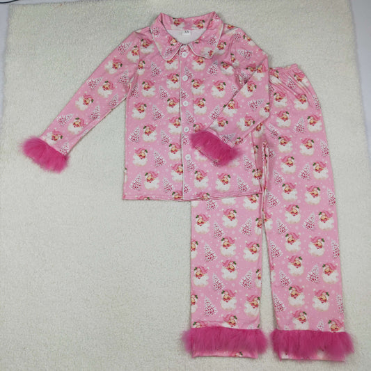 Adult Women Christmas  Santa Pink Buttons Pajama Set With Fur