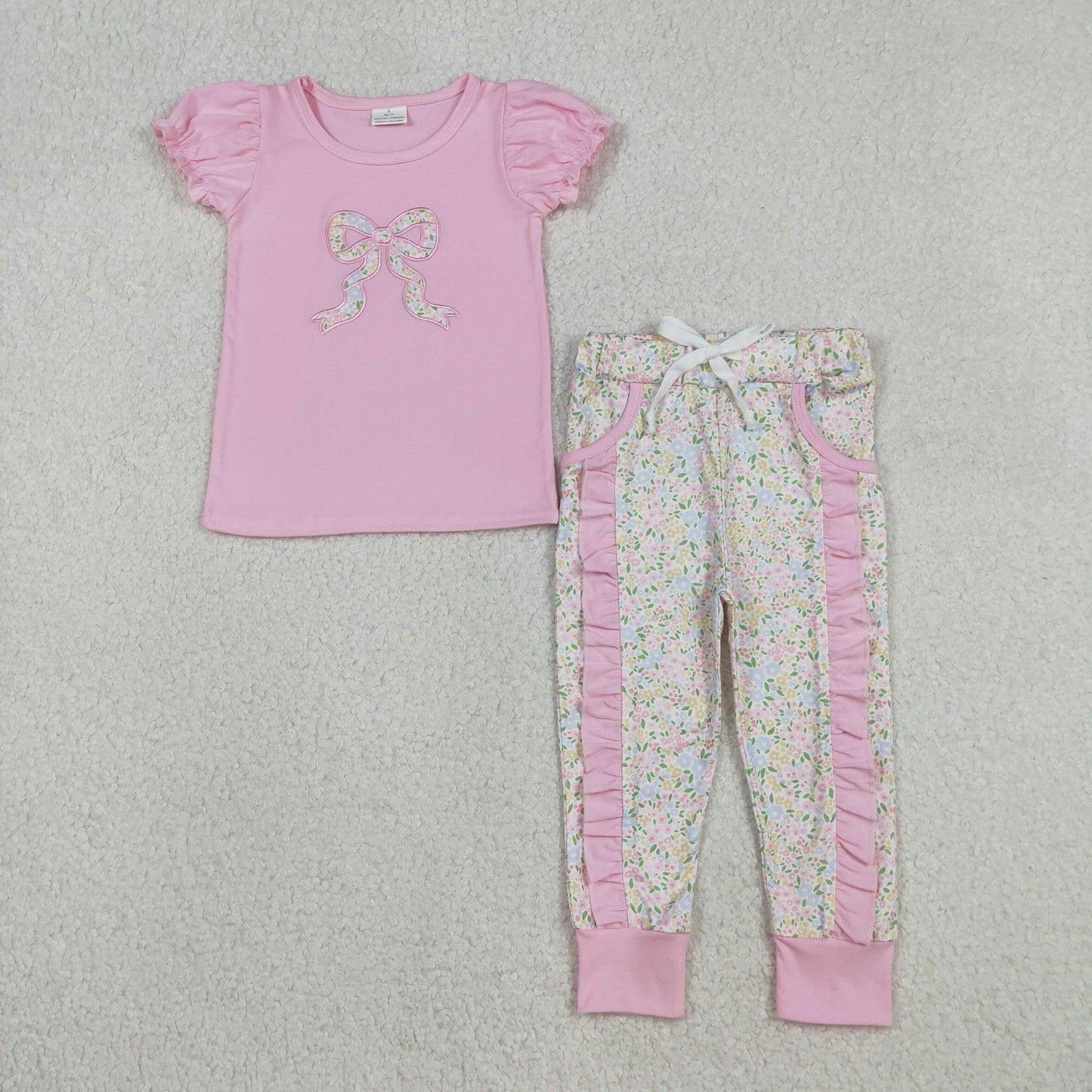 GSPO2060 Baby Girls Embroidery Floral Bow Pink Top +Leggings Set