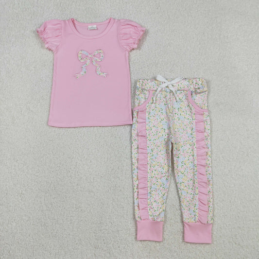 GSPO2060 Baby Girls Embroidery Floral Bow Pink Top +Leggings Set