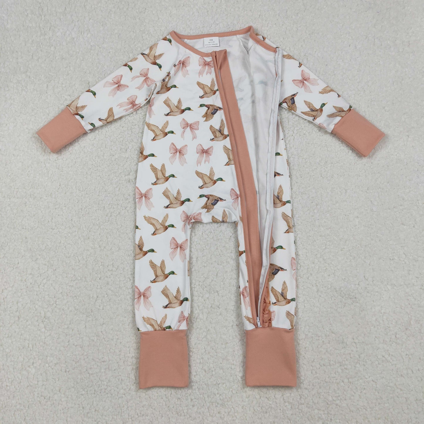 Baby Girls Mallard Pink Bow Long Sleeve Zip Romper