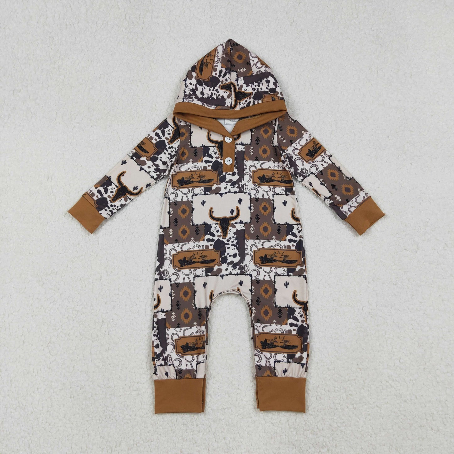 LR2592 Baby Boys Western Cow Hoodie Romper