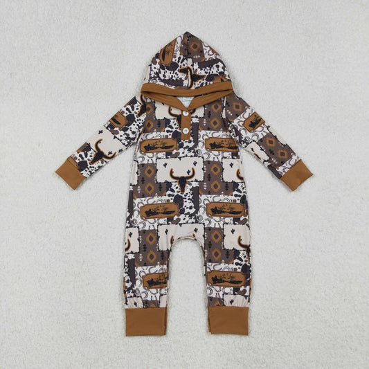 LR2592 Baby Boys Western Cow Hoodie Romper