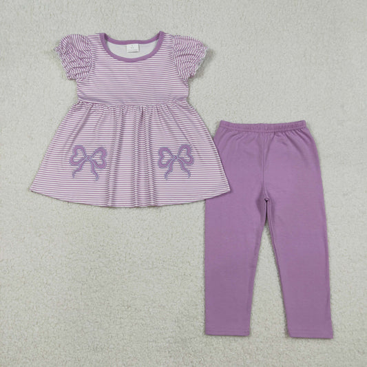 GSPO2153 Baby Girls Bow Violet Striped Top With  Leggings Set