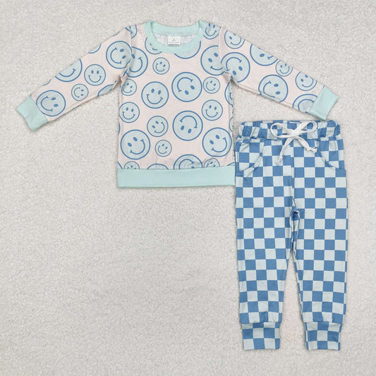 Toddler Boys Outfit Happy Face Long Sleeve Top Blue Checked Pants Set