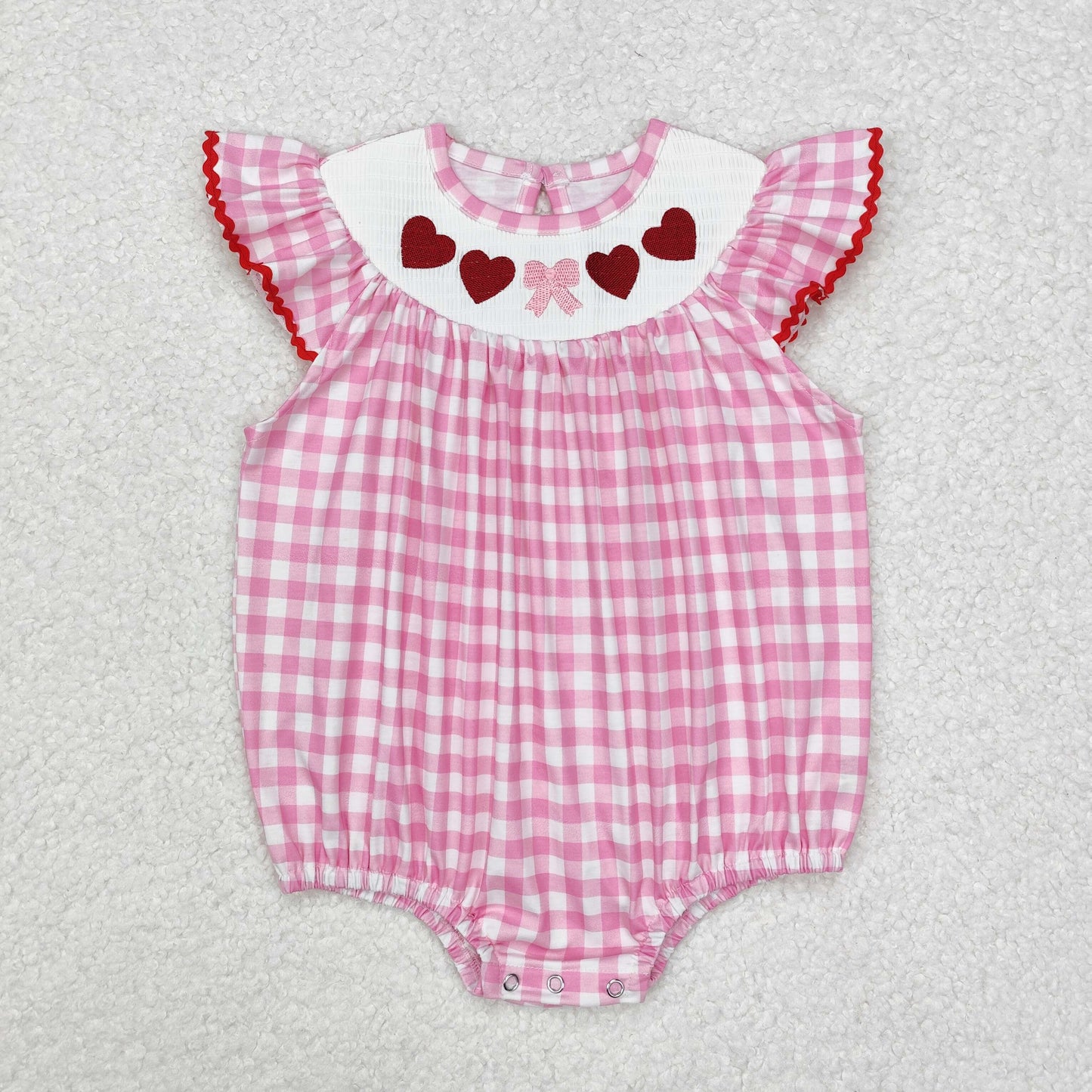 Baby Girls Valentines Pink Plaid Embroidery Hearts Bow Flitter Sleeves Rompers