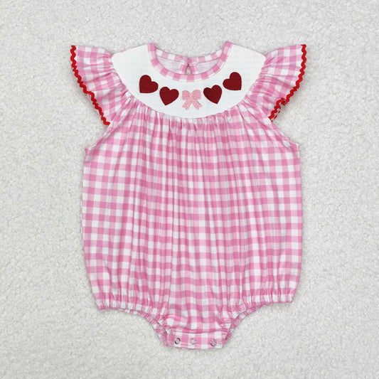 Baby Girls Valentines Pink Plaid Embroidery Hearts Bow Flitter Sleeves Rompers