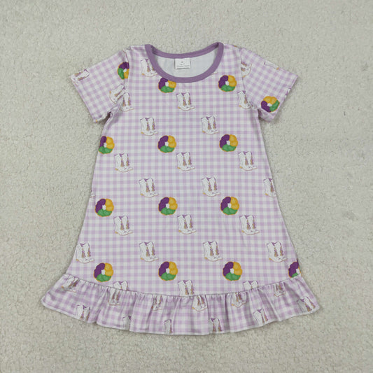 GSD2900 Baby Girls Mardi Gras Violet Gingham Short Sleeve Dress