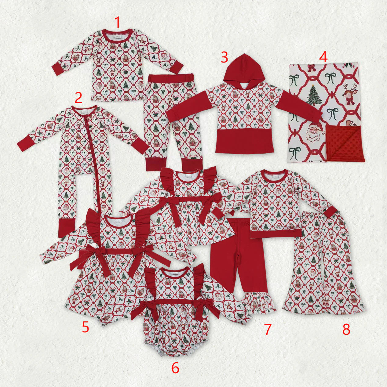 Family Sibling Baby Kids Christmas Red Bows Santa Trees Checked Clothes Sets Rompers Blanked