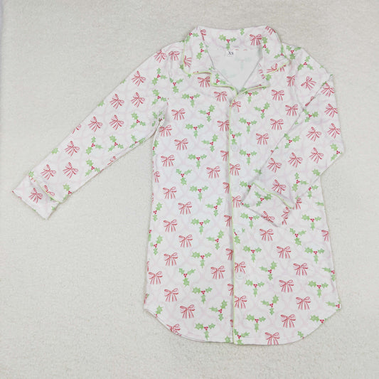 Adult Size Women Chrismtas Holly Pink Bow Botton Top Sleep Wear