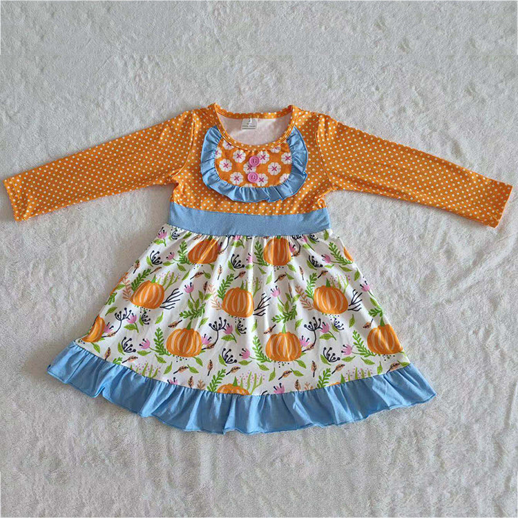 6 A12-30 Baby Girls Fall Pumpkin Long Sleeve Dress