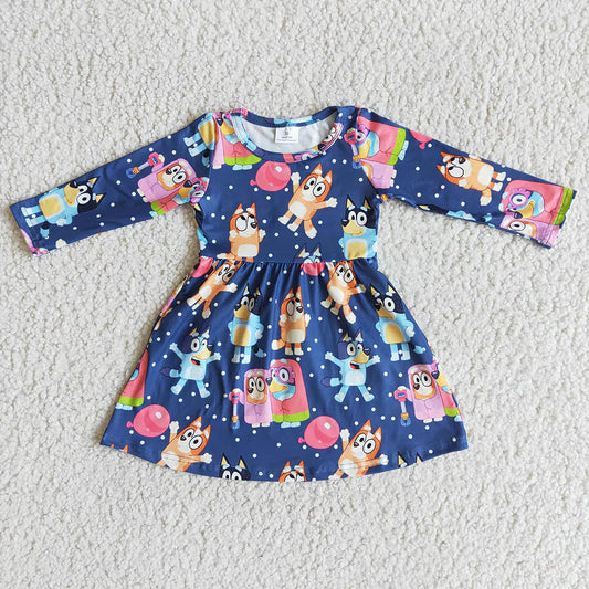 6 A14-4 Cartoon Blue Dog Long Sleeve Dress