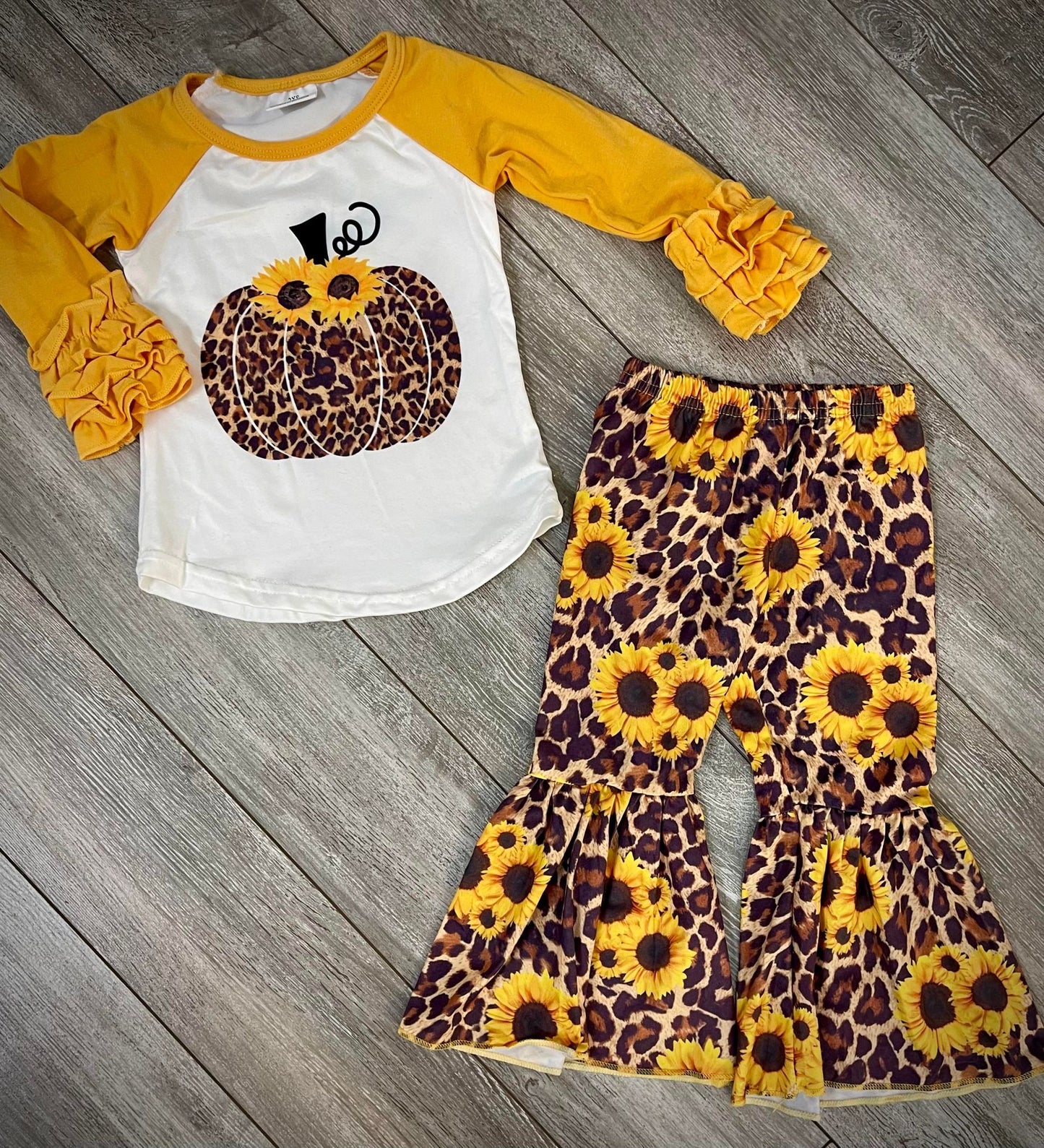 Kids Girls Fall Leopard Pumpkin Sunflower Outfit