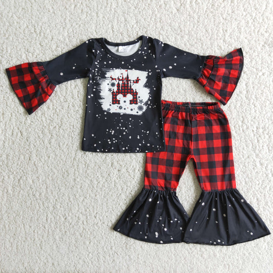 6 A16-19 Baby Girls Christmas Red Plaid Bell Bottom Pants Set Preorder