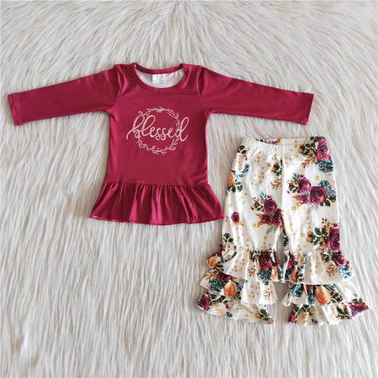 6 A16-28 Baby Girls Blessed Floral Bell Bottom Pants Outfit