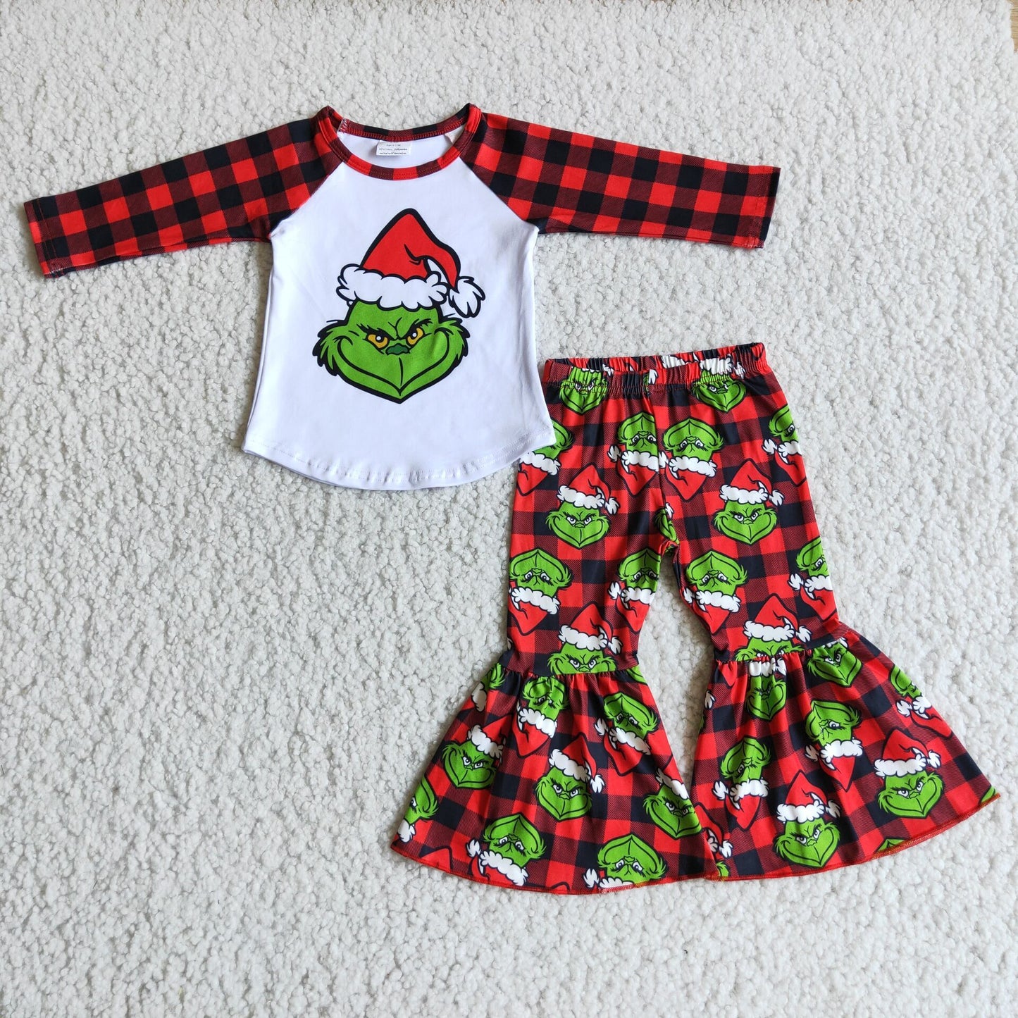 Girls Christmas Cartoon Outfit Green Face