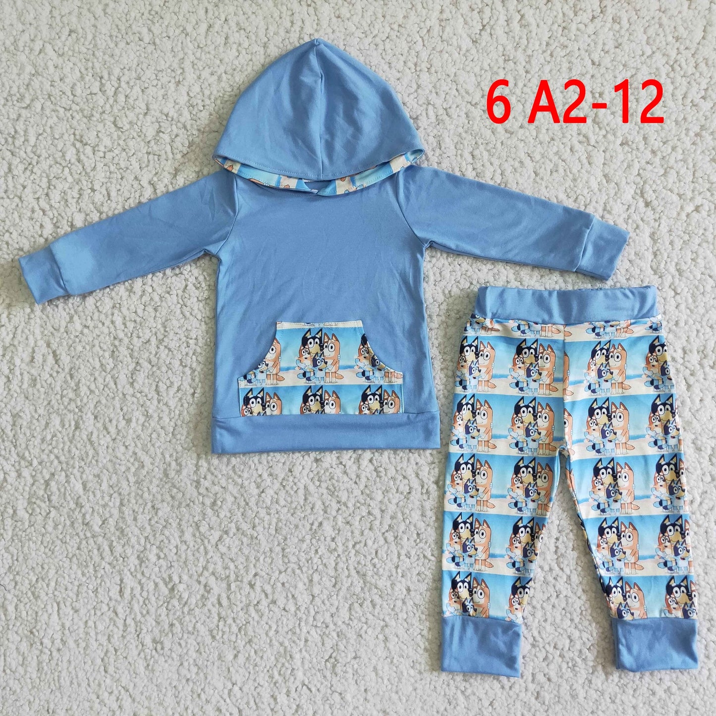 6 A2-12 Hoodie Top Set Blue Dog Cartoon