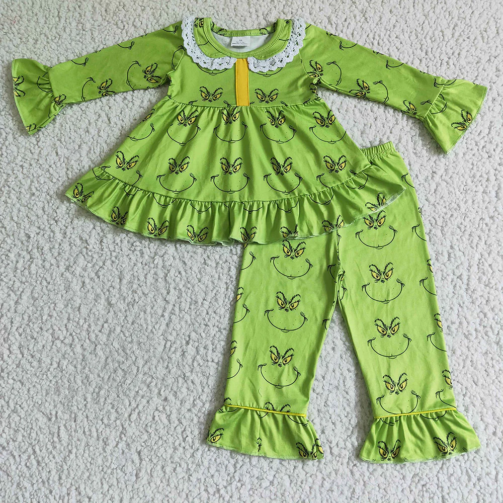 Baby girls Christmas smile face green color pajamas clothes sets