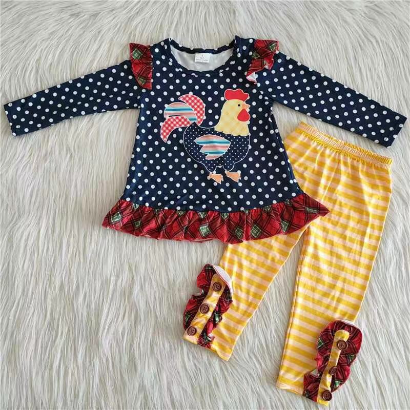 Polka Dots Chicken Tunic Yellow Stripe Pant Fashion Set