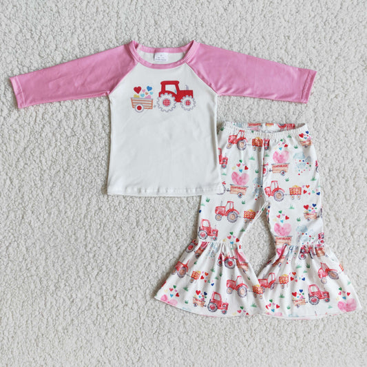 6 A29-30 Baby girls valentines tractor long sleeve top bell pants sets