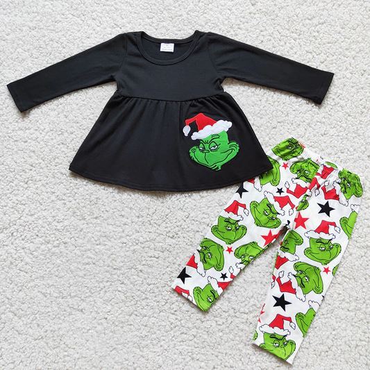 Christmas Green Face embroidery tunic legging baby girls outfits sets